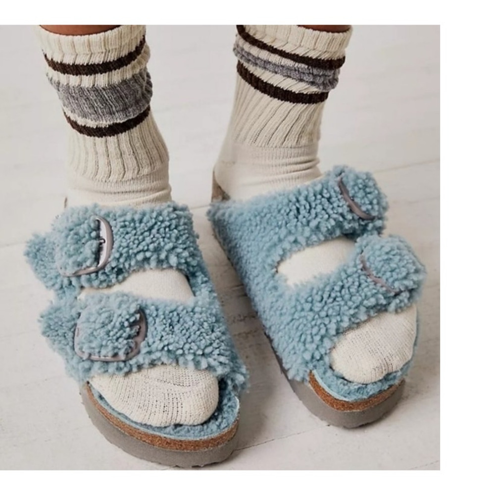 NEW Papillio Birkenstock Arizona Big Buckle Shearling Teddy Faded Aqua EU 38